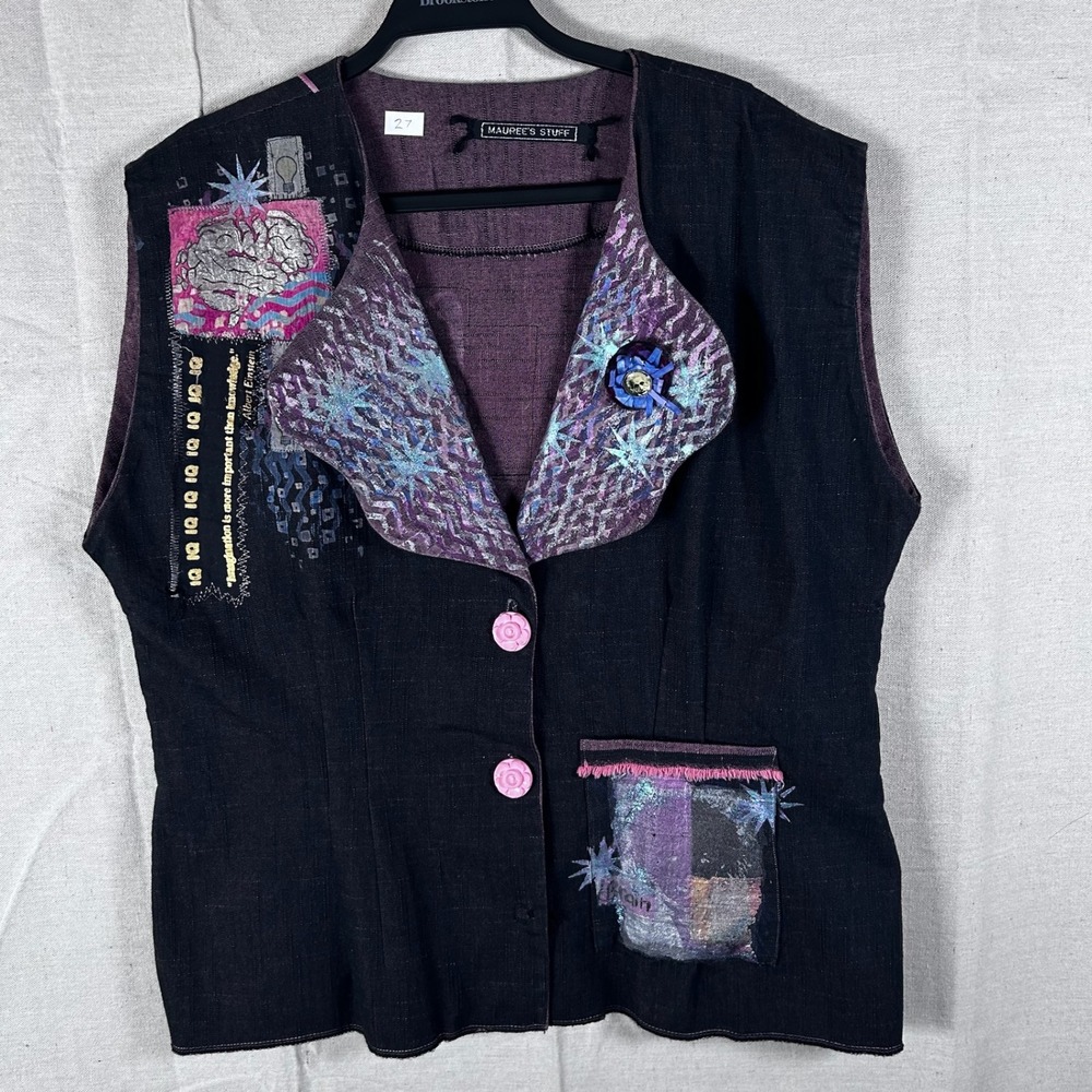VTG Maurees Stuff Artisan‎ Wearable Art Vest Einstein Science Smart Womens XL